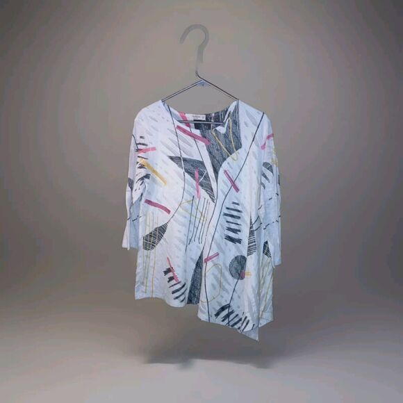Jess & Jane Tops - Jess & Jane Top White Abstract Print Womens XL Asymmetric Cut Out USA